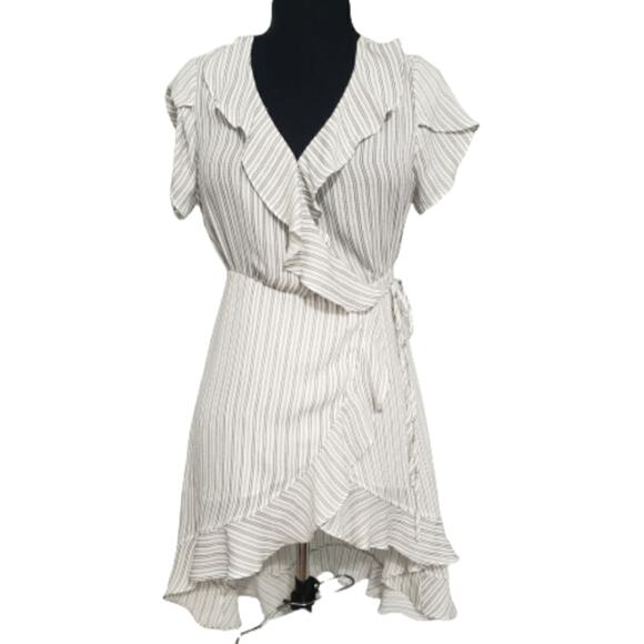 Asher by Fab'rik Zurich Tulip Sleeve Ruffled High Low Wrap Striped Dress Medium - Picture 1 of 12